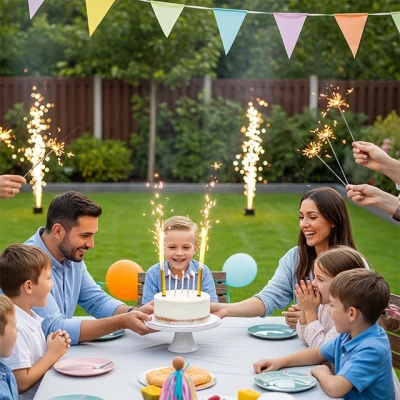 Family birthday party in a backyard with sparklers, cake, and fountain fireworks.