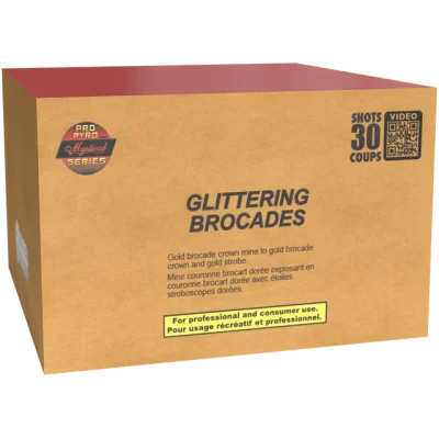 Glittering Brocades fireworks case by Mystical Fireworks, brown Pro Pyro Series box with white label and red-black logo.