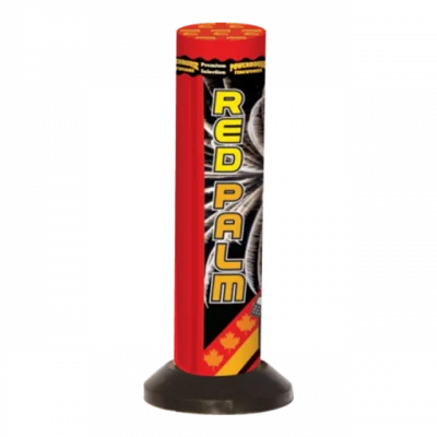 Red Palm firework by Competition Fireworks, featuring a tall red tube with bold black and yellow design.