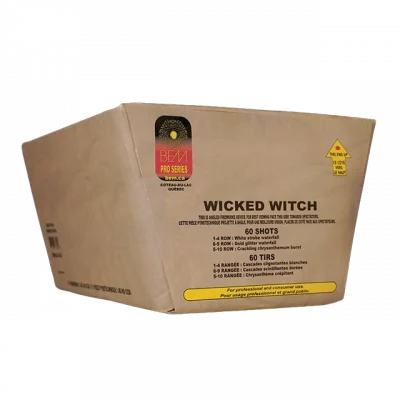 Wicked Witch fireworks box by BEM Pro Series with brown paper wrap, 60 shots label, and angled design