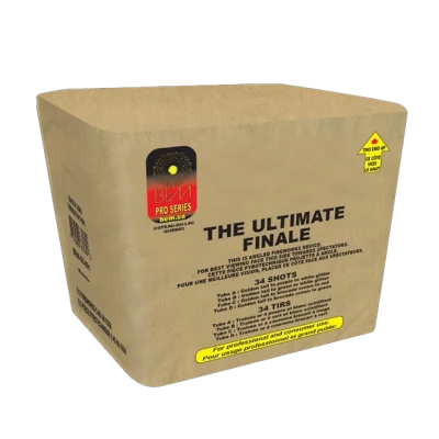 Angled brown firework cake labeled "The Ultimate Finale" by BEM Pro Series, featuring 34 shots with white glitter and brocade effects.