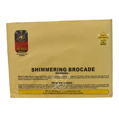 Shimmering Brocade fireworks case by BEM Pro Series with plain brown packaging, black label text, and red/yellow branding.