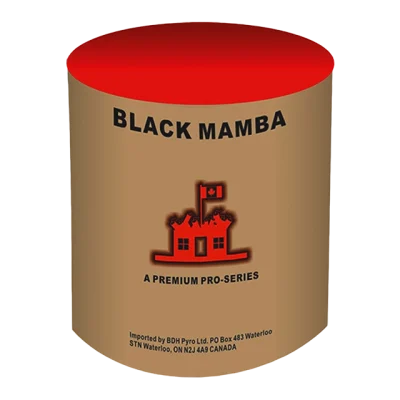 Cylinder-shaped firework labeled “Black Mamba” with a matte brown and red design, part of the Premium Pro-Series line.