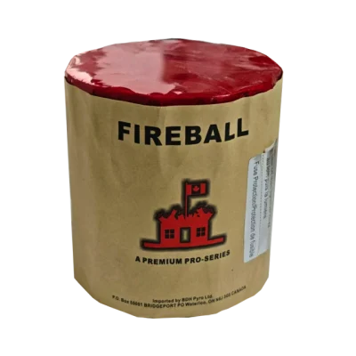 Cylindrical firework labeled “Fireball” in a kraft-style brown wrap with red top, part of the Premium Pro-Series line.