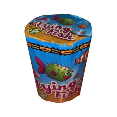 Colorful cylindrical firework labeled "Flying Fish" with cartoon fish graphics and blue and gold packaging.