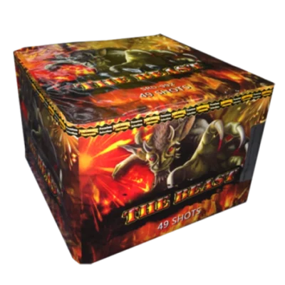 Large firework cake labeled “The Beast” featuring a horned red-eyed creature with claws and fiery background art.