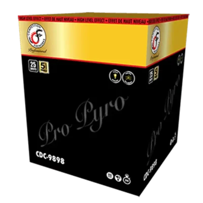 Black and gold square cake-style fireworks box labeled ‘CDC-9898’ from Competition Fireworks, featuring the Pro Pyro logo on the golden upper band and icons indicating 25 shots and high-level effect.