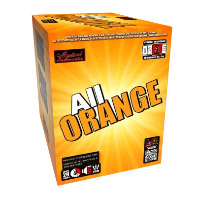 Bright orange fireworks box labeled All Orange by Mystical Fireworks, featuring a sunburst-style orange background, firing sequence icons, and a QR code on the front panel.