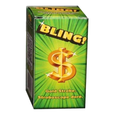 Bling! Rectangle-shaped fountain firework by Mystical Fireworks with green packaging and gold dollar sign graphic.