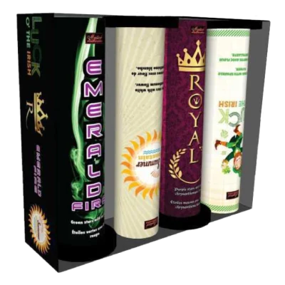 Fantastic Fountains assortment of four cylindrical fountain fireworks by Mystical Fireworks with varied coloured packaging displayed side by side.