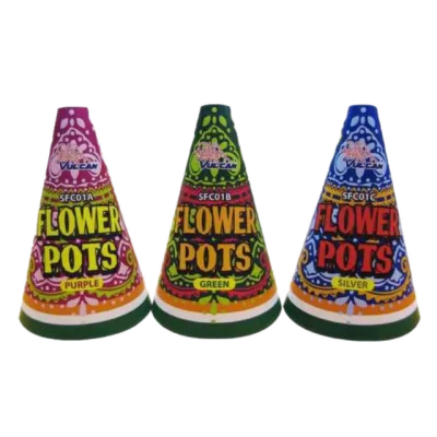 Three Vulcan Flower Pots cone-shaped fireworks in purple, green, and silver packaging displayed side by side.