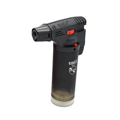 A single Eagle Torch Gun butane lighter with a translucent black body and black top, shown standing upright.