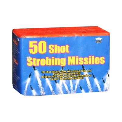 Blue background with black rockets with white streams, with yellow text for the firework cake "50 Shot Strobing Missiles"