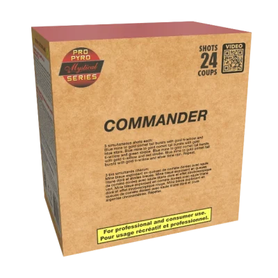 Tan cardboard box packaging for Commander fireworks with 24 shots and The Pro-Series logo.