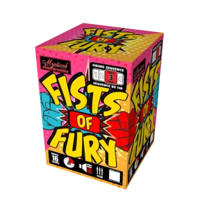 Mystical Fireworks Fists of Fury 16-shot aerial firework with vibrant pink and yellow comic-book style packaging.