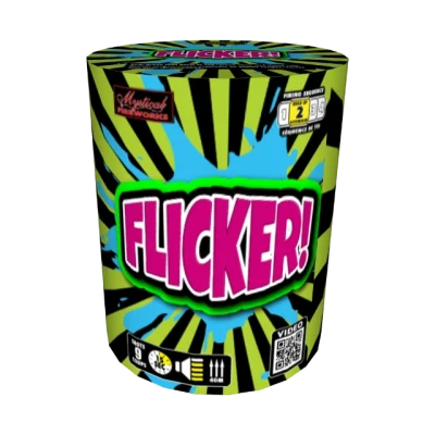 Mystical Fireworks Flicker 9-shot aerial firework cake with vibrant neon green, black, and pink packaging.