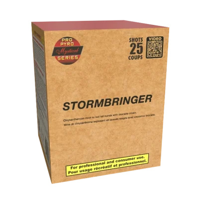Tan cardboard box packaging for Stormbringer fireworks with 25 shots and The Pro-Series logo, Storm Bringer title