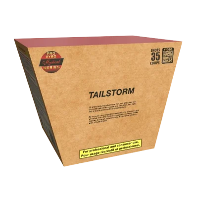 Tan cardboard box packaging for Tailstorm fireworks with 35 shots and The Pro-Series logo.